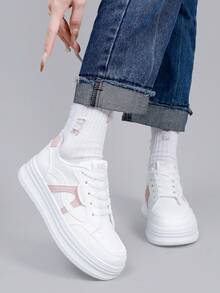 女士时尚厚底休闲运动鞋，百搭系带款，四季皆宜，白色休闲鞋 - 粉色 - 查看 7