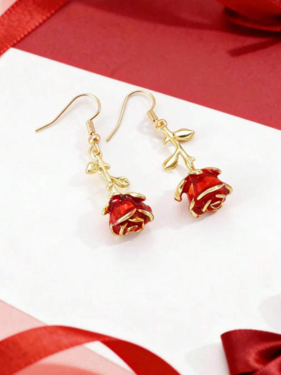 1 Pair Fashionable Rose Flower Delicate Floral Earrings, Ethereal Aesthetic - Red - View 1