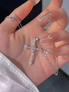 1pc Fully Rhinestoned Star & Cross Pendant Necklace, Minimalist Fashion, Casual Everyday Wear - 銀色 - 查看 5