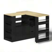 Kitchen Island With Extendable Worktop, 115cm Long Storage Island With Shelves On Three Sides And Two Drawers, Coffee Corner, Extendable Wooden Dining Table, Ideal For Dining Rooms And Home Bars - Black + Wood Color - View 9