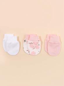 3 pares de manoplas antiarañazos para recién nacidos - Guantes de bebé de algodón suave con estampado floral, puño elástico ajustable para niñas bebés - Multicolor - Ver 3