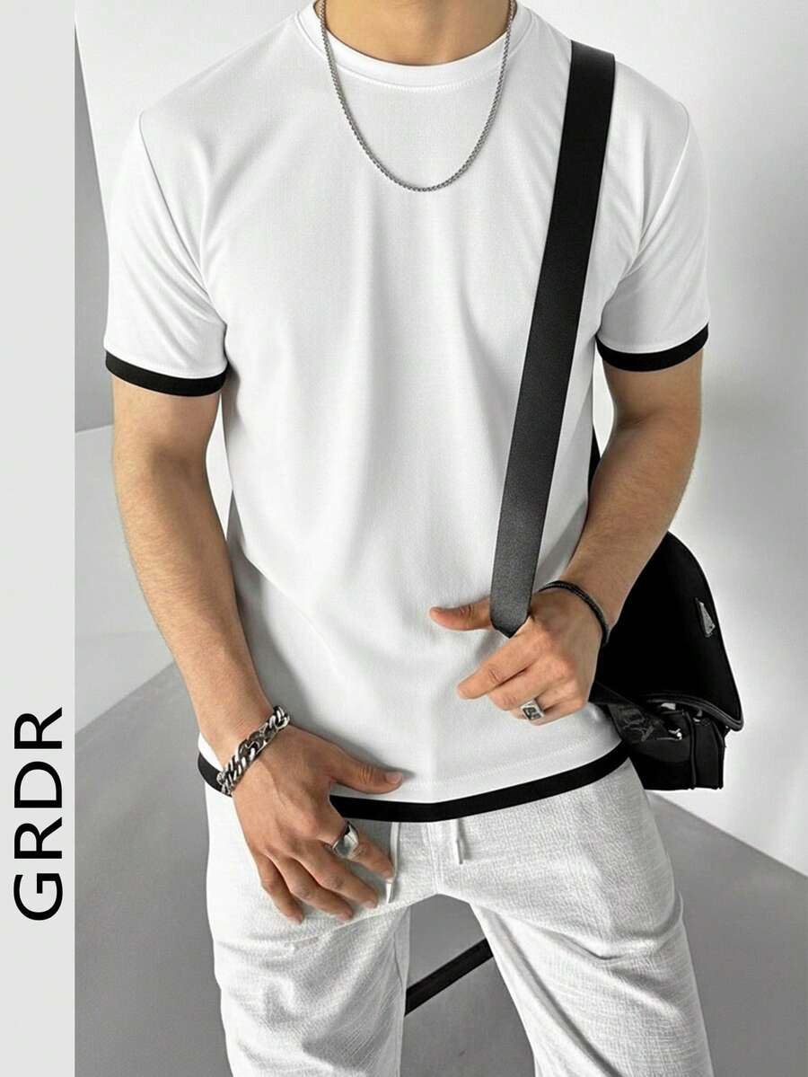 GRDR Men's Summer Fake Two-Piece Design Short T-Shirt, Fashionable Casual Round Neck Top - White - View 1