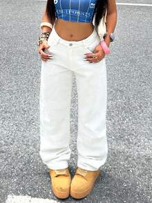 Women's Casual Light-Washed Wide-Leg Jeans, Suitable For Daily Wear Spring White - White - View 10