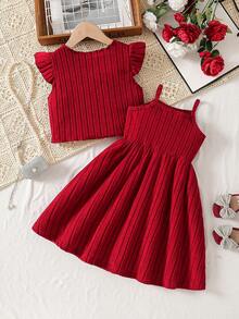 Young Girl' Fashion Casual Cute Set, Knitted Bow Jacket + Knitted Bow Strap Dress - Red - View 2