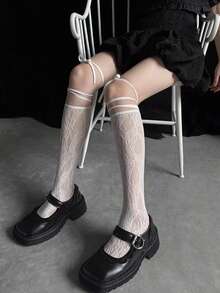 1双DIY交叉绑带袜，女士薄款Y2K坏女孩中筒袜，适合春夏穿着，黑白蕾丝镂空过膝袜，ins风少女中筒袜，日式JK学生袜 - 彩色 - 查看 6