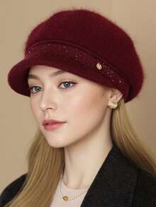 1顶女士水钻装饰针织贝雷帽，简约百搭针织帽，优雅复古英伦风云朵贝雷帽，闪亮亮片休闲通勤针织帽，适合日常佩戴，秋冬季 - A - 查看 2