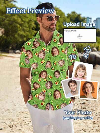 Gepersonaliseerd shirt met eigen ontwerpen zoals portretten, familieleden, huisdieren, tekenfilms of thema's voor feestdagen.