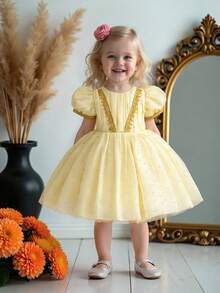 女婴圆领波点雪纺可爱生日派对连衣裙，适合婚礼花童、家庭聚会、假日郊游等场合，不含头饰 - 香檳色 - 查看 1