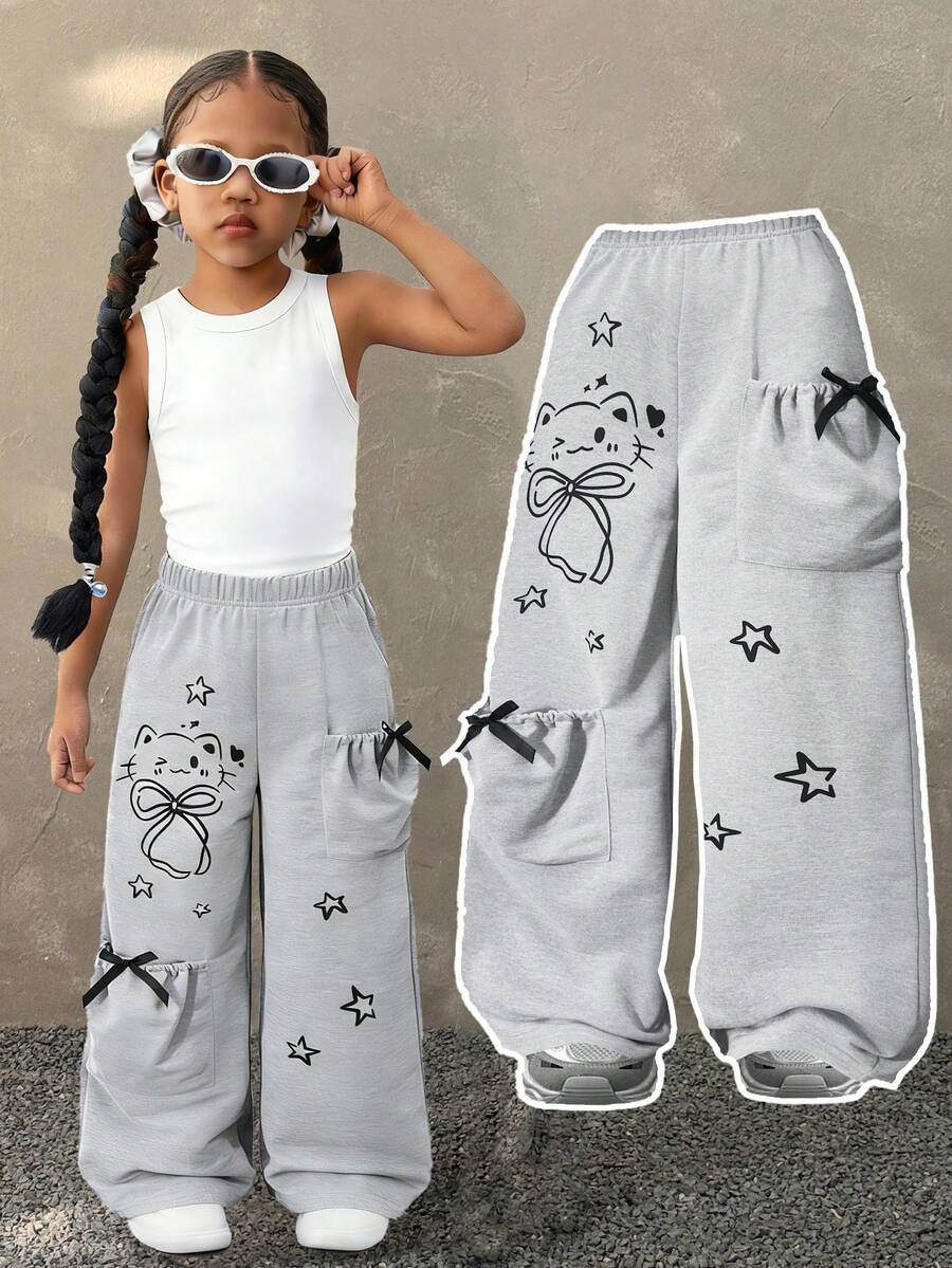 Fashionable Casual Girls Pants, Light Gray Straight Leg, Adorned With Cat & Star Prints, Crafted With Soft Comfortable Fabric, Featuring Bow Pocket Design, Suitable For Spring, Summer, Autumn, Winter, Ideal For School, Vacation And Everyday Wear - Light Grey - View 1