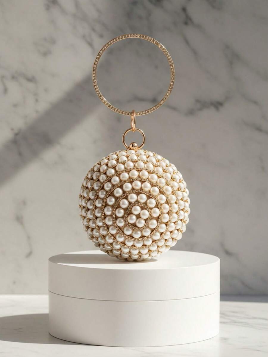 Ball Shaped Circular Design Beading Pearl Handbags Ball Design Party Rhinestones Dress Purse Party Clutch With Beaded Diamonds Evening Bags - Gold - View 1