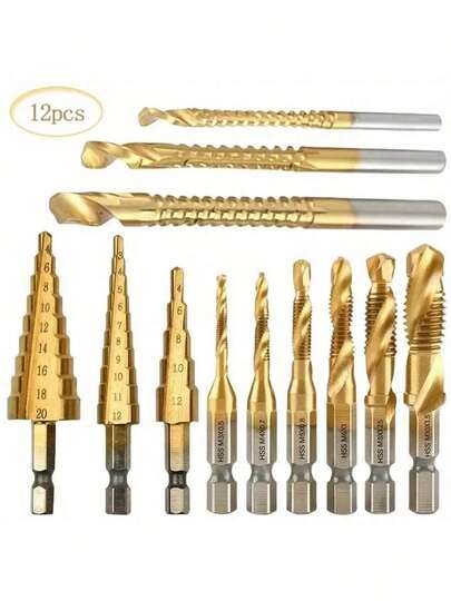 6pcs Stepped Drill Bit Set, Titanium Cast Iron Cutter, 4-20 4-12 3-12mm Pagoda Stepped Drill, 3mm 6mm 8mm Saw Tooth Drill, M3 M4 M5 M6 M8 M10 Titanium Drill Bit Combination Drill And Tap Set - Metric Thread Taps And Drill Bits For Woodworking And Metalworking, Core Hole Drilling, Titanium Alloy Combination Drill Bits And Tap Set, Metric Thread M10 Tap, 14.34 Hex Shank Manual Repair Tools, Suitable For Handwork, Factory, Workshop