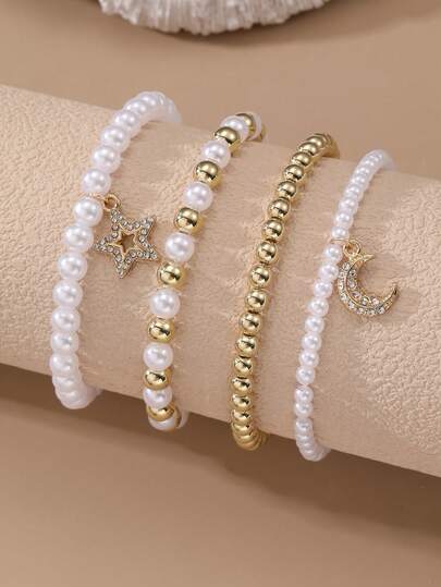 4件套女孩珍珠串珠水钻月亮星星手链套装，适合日常装饰