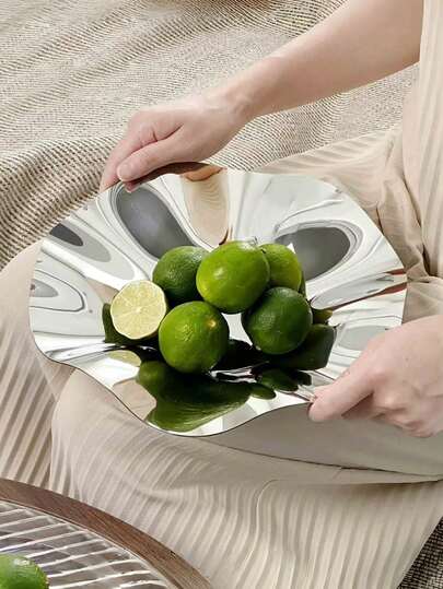 1pc Luxury Ins-Style Stainless Steel Mirrored Fruit Plate, Niche Creative Dessert Plate, High-End Asymmetrical Fruit Plate For Home, Living Room Coffee Table Decor