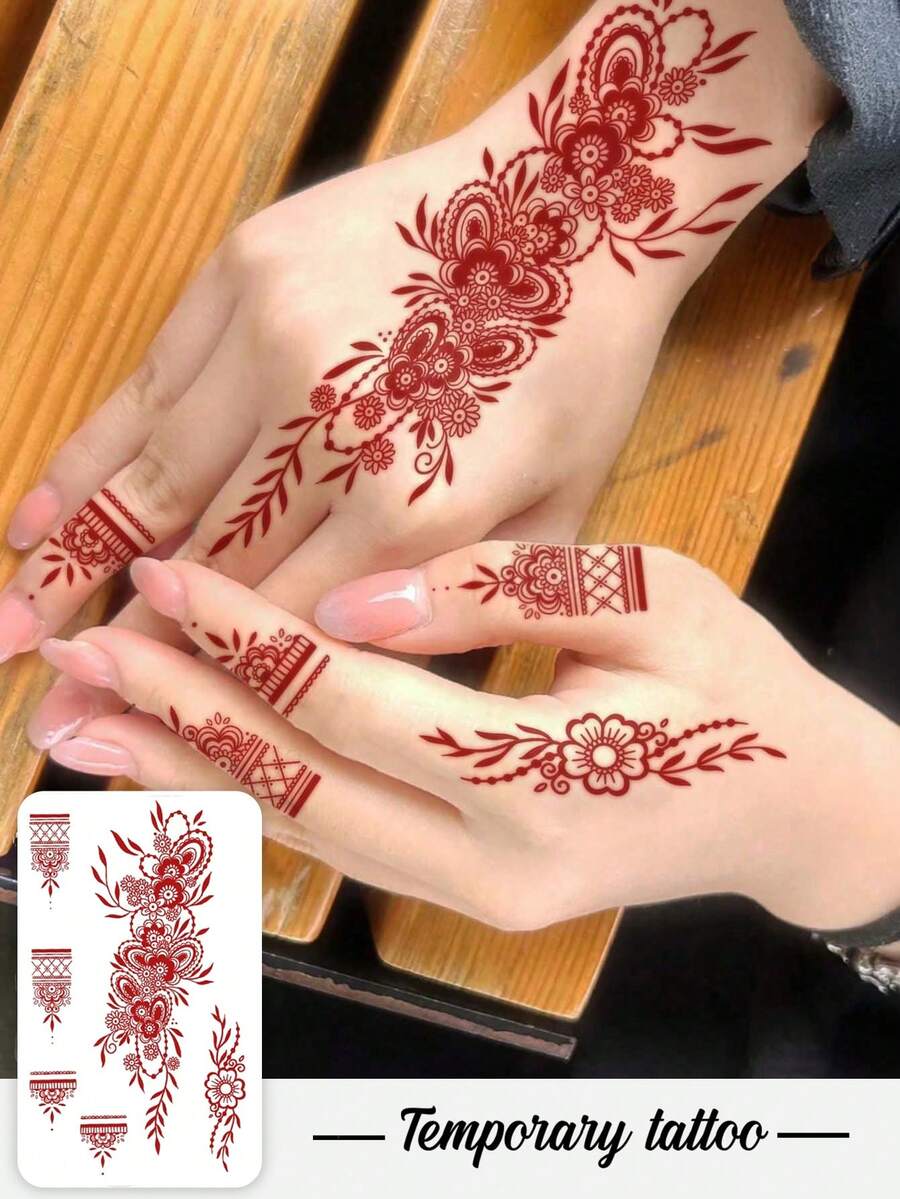 1 张情人节/斋月指甲花临时纹身贴纸，红色蕾丝花陀螺指甲花图案，时尚手部美甲假纹身，植物假纹身 - 临时纹身 - 流行且适合生日、婚礼、派对装饰，持续 3-5 天。 - 紅色 - 查看 1