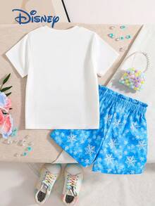 2pcs Disney Frozen Elsa Princess Print Short Sleeve T-Shirt & Shorts Set For Girls, Summer Children Fashion Cute Cartoon Round Neck Knit Top With All-Over Snowflake Print, Elastic Waist Casual Vacation Outfit - Màu xanh lam - Xem 2
