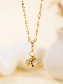 1pc Fashionable Minimalist Women's Necklace With Beads, Random Pendant Design Of Sun, Star, Moon, Stainless Steel Chain, Suitable For Daily Wear, Gift For Friends, Valentine's Day, And Other Holidays - Multicolor - View 5