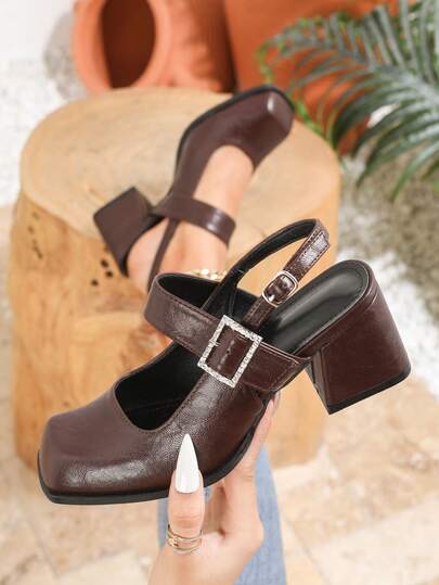 Plus Size Women's High Heel Pumps, Thick Heel Metal Buckle Fashion Shoes, Mary Jane Leather Shoes, Brown Comfortable Chunky Heel Square Toe Pumps, Elegant Black High Heels, Business Casual Formal Shoes