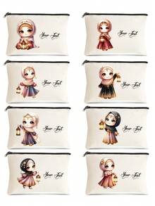 [Cute Makeup Bag] Polyester Makeup Bag | Customizable White Cosmetic Pouch With Cute Girl Print – Spacious, Customized Name Text Polyester Makeup Bag With Double-Sided Cute Girl Print, Zippered Cosmetic Pouch - Multicolor - View 4