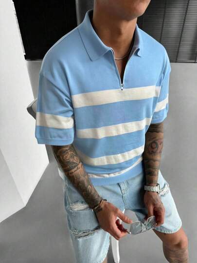 新款时尚休闲短袖 Polo 领拉链半开襟男士针织上衣，条纹撞色设计，适合正式和休闲场合，男士外套，男士 Polo 衫