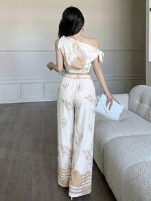 abyoxi 两件套：不对称领口系带腰身休闲上衣和阔腿裤，性感黄色套装，适合通勤、海滩、春夏穿着 - 杏色花 - 查看 2