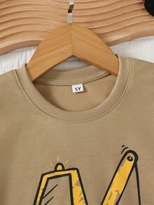 Children's Summer T-Shirt, Short Sleeves, Excavator Print, Round Neck, Knitted Fabric. - 鏽棕色 - 查看 3