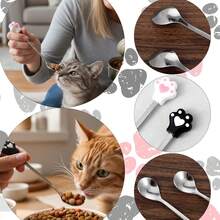 4pcs Cat Food Scoop Set - Silicone Cat Paw And Stainless Steel Mixing Spoon, Cute Cat Paw Feeding Spoon Can Scrape Off Every Bit Of Wet Food, Dishwasher , Black And White - 4pcs - View 7