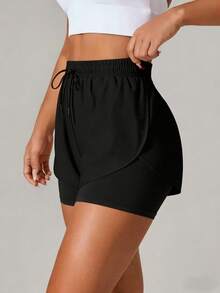 女士户外二合一短裤，纯色简约休闲抽绳设计，适合户外露营、跑步 - 黑色 - 查看 5