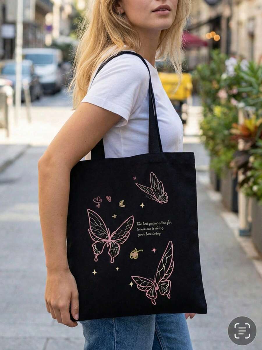 Hand-Painted Butterfly & English Letter Double-Sided Printed Shoulder Tote Bag Valentines - Multicolor - View 1