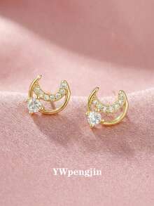 2对甜美时尚的镶钻锆石心形月亮耳钉，适合街头派对、约会、度假、日常佩戴，也是周年纪念日、情人节的理想礼物。 - 金色 - 查看 4