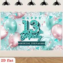2Dflat, 1pc "Happy 13th Birthday" Banner Background, Birthday Theme, Turquoise Background Birthday Decoration, Suitable For Photography Party - 1pcs - View 3