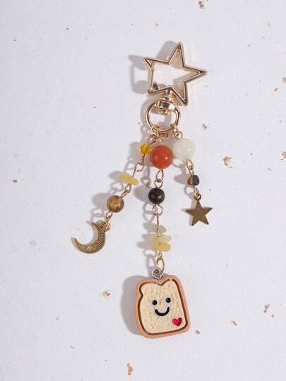 1个可爱笑脸吐司吊坠钥匙扣，奢华星月汽车吊坠，小巧精致钥匙扣，不对称宝石星月钥匙扣，情人节和生日礼物送给最好的朋友，送给女老师的礼物。