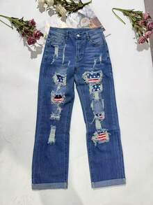 女士休闲破洞水洗直筒牛仔裤，饰有美国国旗贴片，长款，略带弹性的面料 - 藍色 - 查看 5