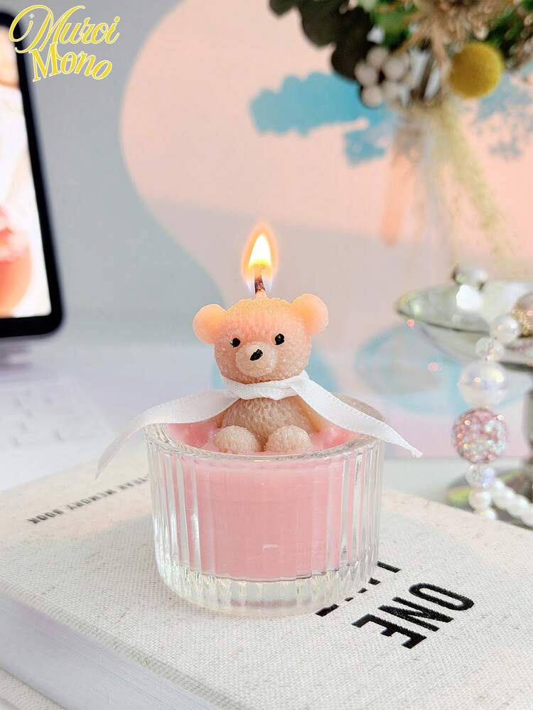 1/4支装豪华泰迪熊玻璃罐蜡烛 | 奶油色大豆蜡（白色/蓝色/粉色），配丝带 | 香氛家居装饰，送给女性/青少年生日的独特礼物，精美新娘送礼会和节日回礼 - 彩色 - 查看 8