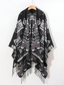 1件装女士冬季连帽斗篷，提花几何图案旅行披肩外套 - 彩色 - 查看 3