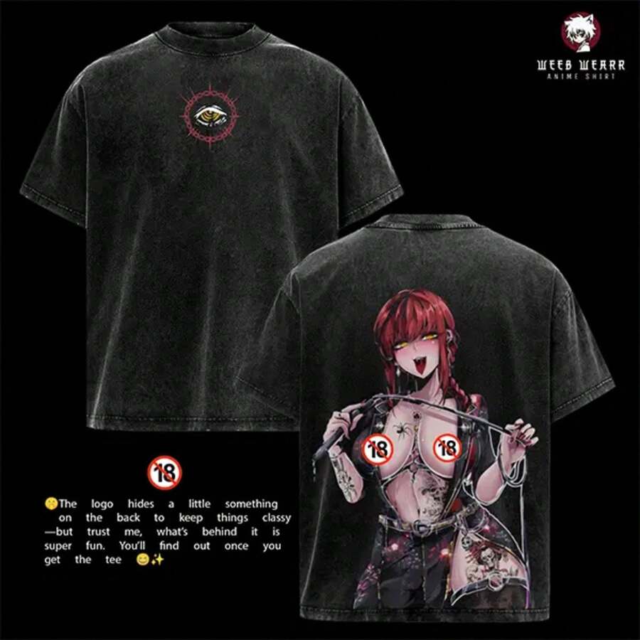Anime Makima Oversized Tee – Vintage Washed Unisex T-Shirt, Retro Anime Streetwear, Graphic Manga Shirt Gift For Fans - màu đen - Xem 1