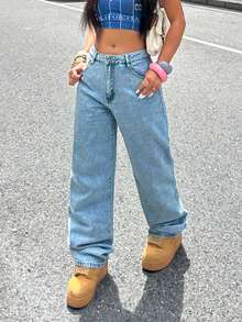 Women's Casual Light-Washed Wide-Leg Jeans, Suitable For Daily Wear Spring - Medium Wash - View 5