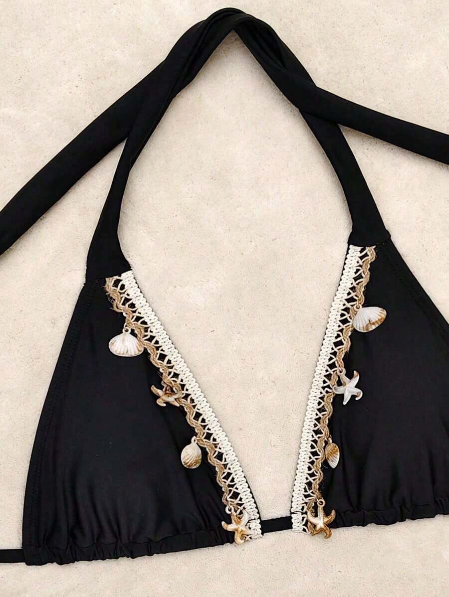 2pcs/Set Women Ocean Theme Decorative Sexy Casual Bikini Set, Halter Solid Color Swimwear For Beach And Pool, Spring/Summer Vacation, Removable Swimwear Pads, Black Swimsuit - 淺藍色 - 查看 1