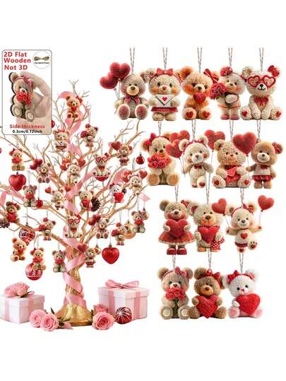 15pcs Valentine's Day Plush Bear Wooden Pendant | Cute Bear Pendant, Suitable For Home Decor, Office/Classroom Decor, Valentine's Day Party Supplies, Engagement Or Wedding Decoration, Artificial Tree Pendant, Gift Tag