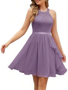 Ruffle Hem Halter Dress For Women - A-Line Sleeveless Cocktail & Prom Dress, Bridesmaid Outfit - Màu tím - Xem 1