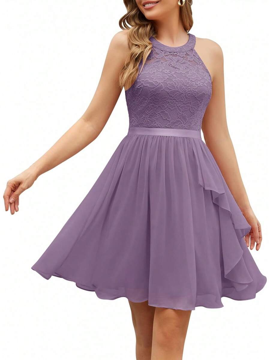 Ruffle Hem Halter Dress For Women - A-Line Sleeveless Cocktail & Prom Dress, Bridesmaid Outfit - Màu tím - Xem 1