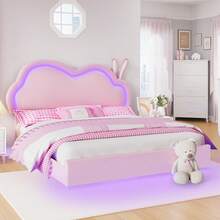 Floating Upholstered Bed Frame With LED Light, Cute Cloud Headboard For Girls, Sturdy Construction, Easy Assembly, No Box Spring Needed - Hồng - Xem 1