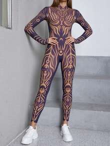 新款性感修身圆领长袖撞色连体裤，女士度假必备 - 紫色 - 查看 6