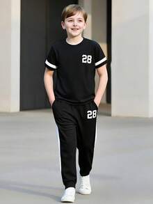 男童/青少年男童春夏季短袖長褲2件套 數位條紋印花時尚休閒圓領T恤 簡約舒適長褲 戶外運動百搭男童套裝 - 黑色 - 查看 2