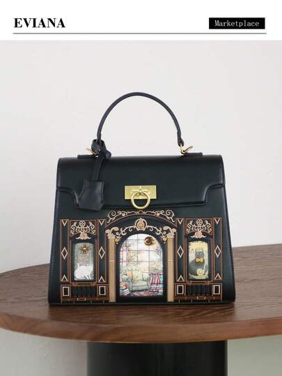 2026 New Fashion Women's Tote Bag, Vintage Embroidered House Design Cute Cartoon Cat Pattern, Large Capacity Commuter Handbag, Versatile Shoulder Crossbody Bag