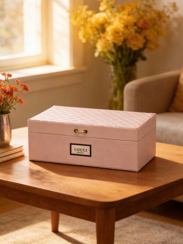 Gucci Materiel Pink Diamond Checkered Storage Box, Rectangular With Metal Buckle Design, Lined Broken Flower Cloth Compartment Storage, Jewelry And Cosmetics Storage Box, Bedroom Dressing Table Storage Good Things, Birthday Gift/Festival Gift, Exquisite Storage Ornaments