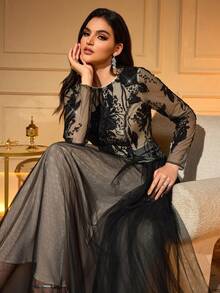 Women's Elegant Long Dress With Sheer Mesh, Floral Embroidery, And Sequin Accents, Suitable For Daily Wear, Parties, And Weddings Spring Party Black - Black - View 8