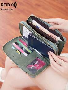 Fashionable Dual-Zipper Large Capacity RFID Blocking Passport Holder Credit Card Holder For Men And Woman With Wrist Strap And Adjustable Shoulder Strap Multifunction Travel Wallet Phone Wallet Passport Case For Credit Card/ ID Card/ Tickets/ Cash/Passport,Portable Creative Airplane Passport Bag Birthday Gifts,Gifts,Anniversary,Gifts For Boyfriend/Father,Travel Accessories, Travel Essentials Robber - 綠色 - 查看 3