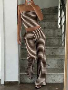 GAOVOT 女士夏季撞色条纹休闲两件套，性感无肩带吊带上衣搭配高腰宽松直筒裤，适合日常通勤 - 棕白色 - 查看 1
