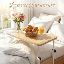 NetHong Height-Adjustable Bedside Tables, Height-Adjustable Computer Desks, Adjustable Bedside Tables, Sofa Side Tables, And Tray Tables Are Suitable For Offices, Study, Dining, And Reading - Natural Wood Color - View 2