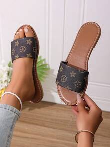Women's H-Shaped Slippers, Casual Roman Style, Comfortable Low Heel With Embossed Design, Beach Key French Flat Sandals - Coffee Brown - View 2